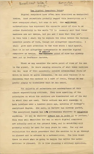 Alan Turing — Can digital Computers Think? (1950)