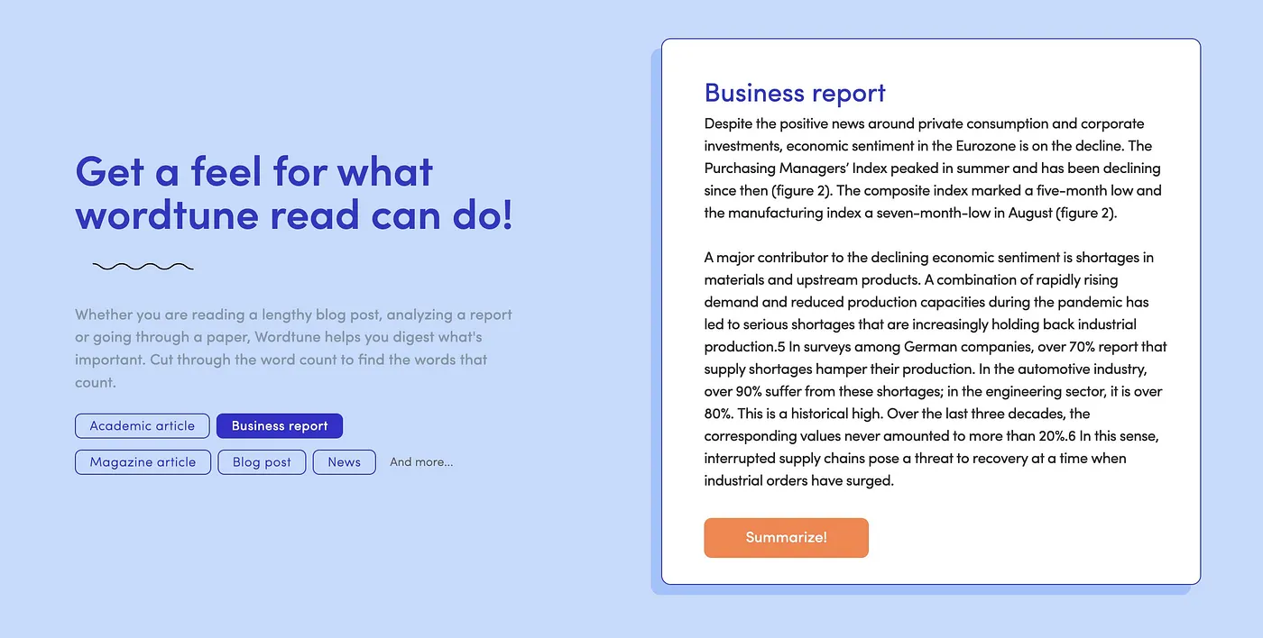 Wordtune Read: resumen automático de un business report